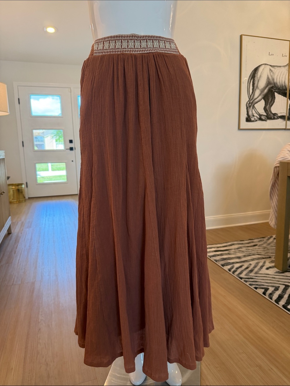 Womens Brown Rust Maxi Skirt with Elastic Smocked Waist